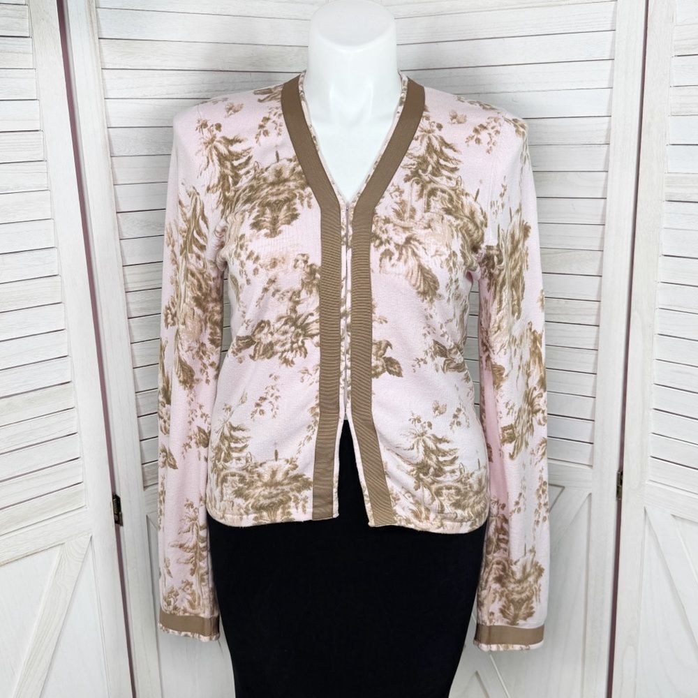 Shae Anthropologie Floral Ribbon Trim‎ Cardigan Sweater Pink Tan Large